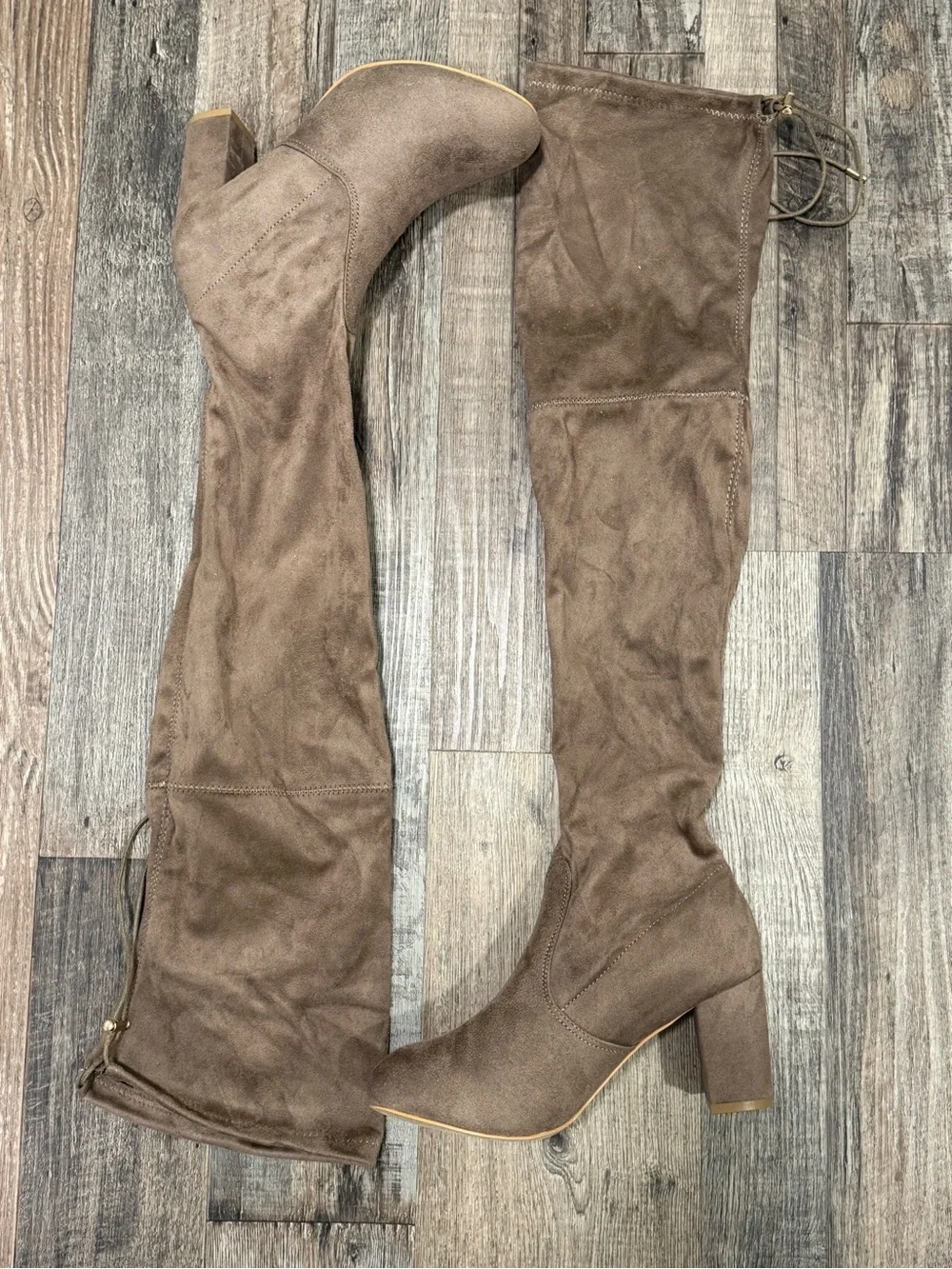 Taupe Over-the-Knee Faux Suede Low Block Heel Tie Back Boots Size 11